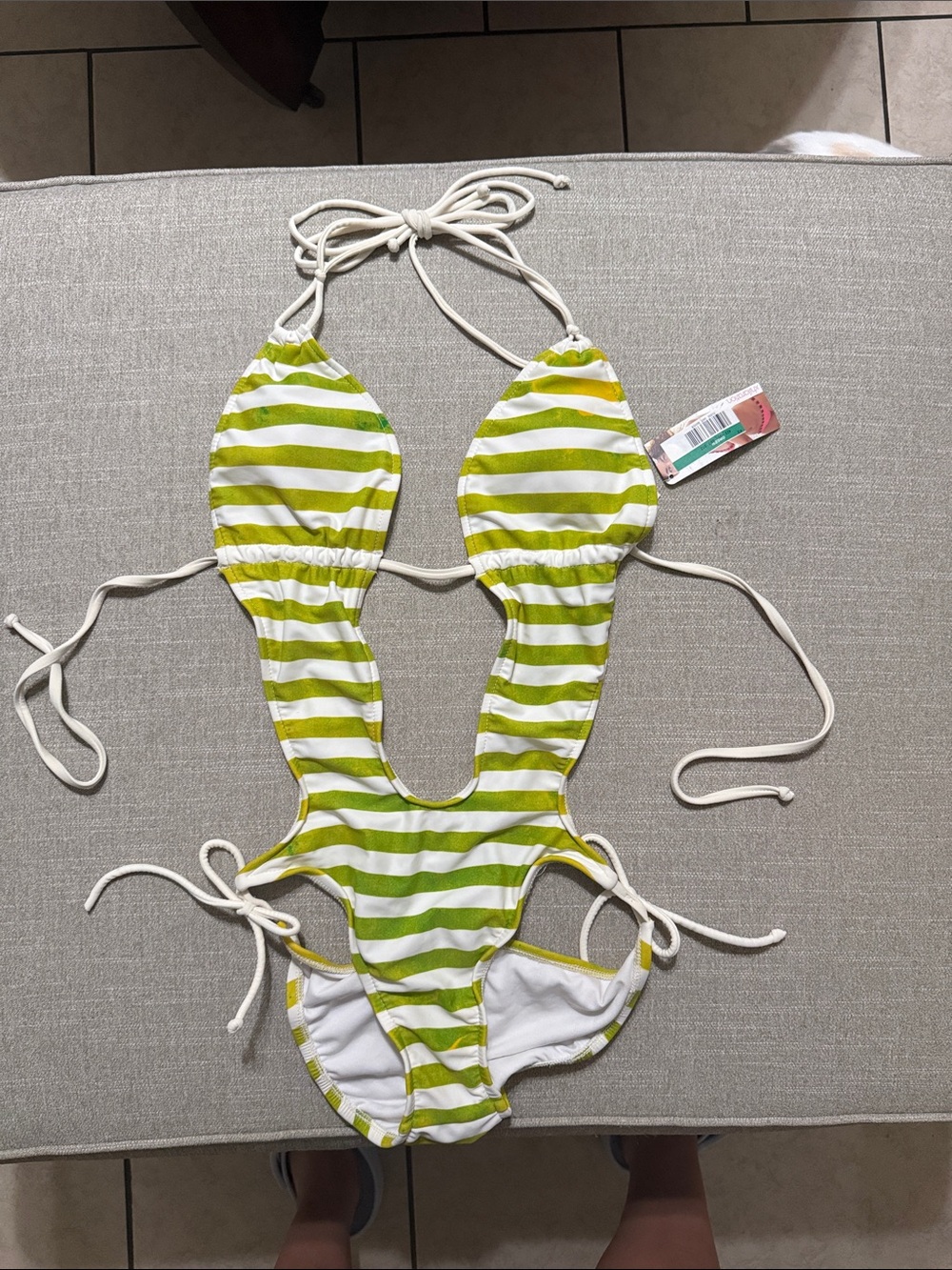 Vintage Xhilaration Lime Green & White Striped One-Piece Swimsuit low rise